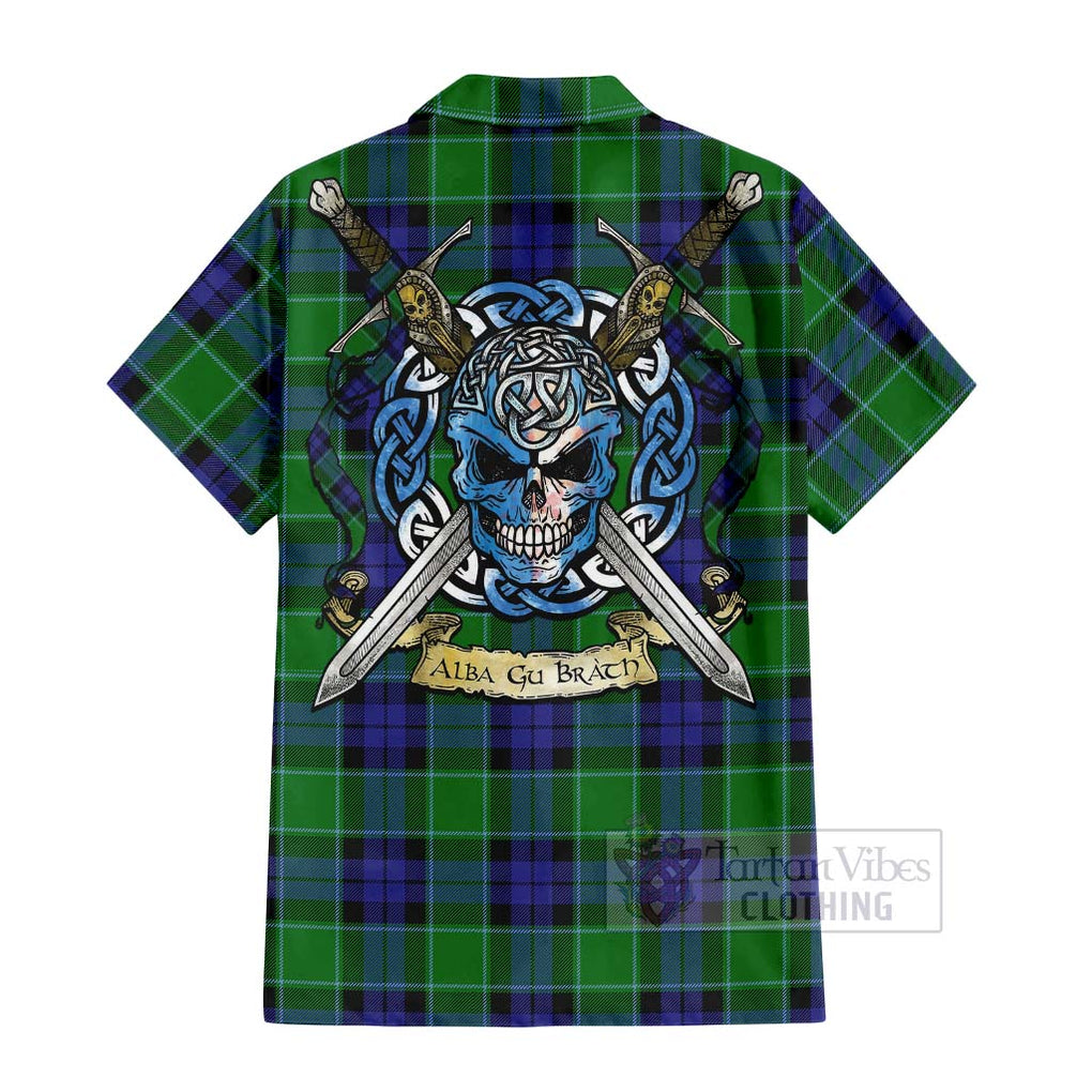 Monteith Tartan Hawaiian Shirt with Family Crest Celtic Skull Style - Tartan Vibes Clothing