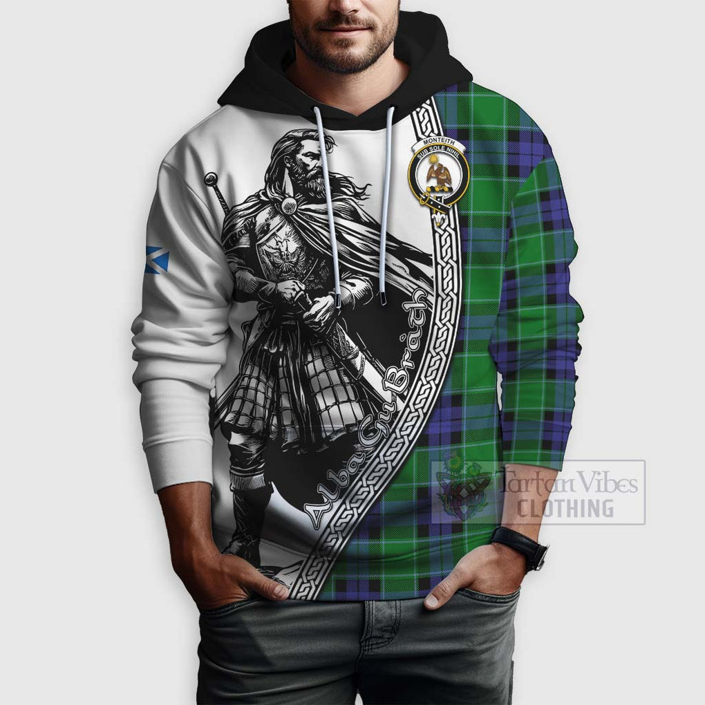 Monteith Tartan Clan Crest Hoodie with Highlander Warrior Celtic Style - Tartan Vibes Clothing