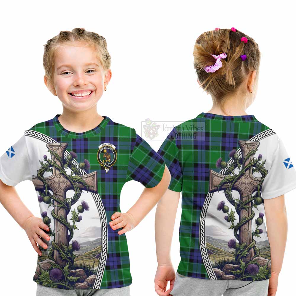 Monteith Tartan Kid T-Shirt with Family Crest and St. Andrew's Cross Accented by Thistle Vines - Tartan Vibes Clothing