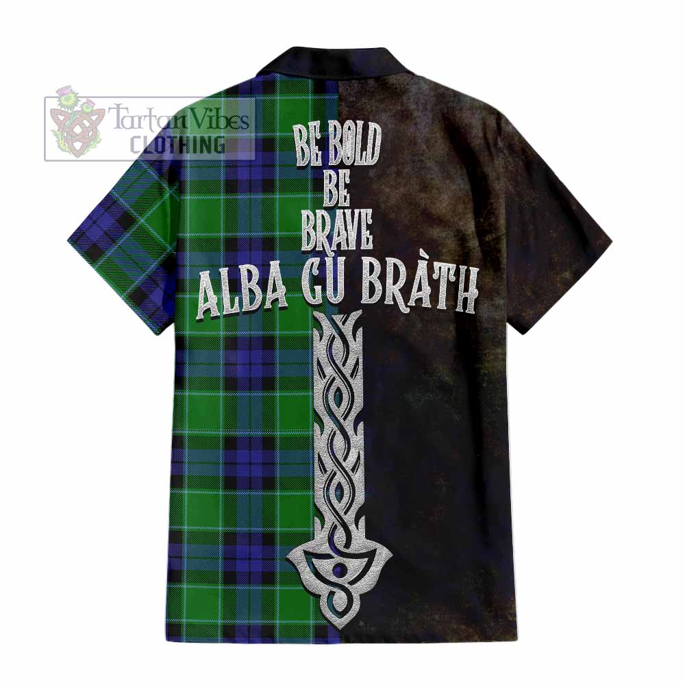Tartan Vibes Clothing Monteith Tartan Family Crest Short Sleeve Button Shirt Alba Gu Brath Be Brave Lion Ancient Style