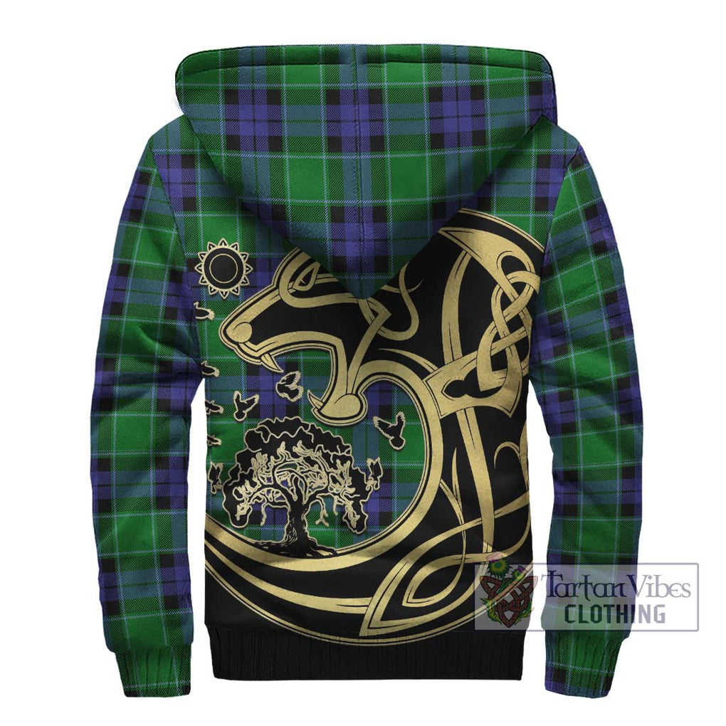 Monteith Tartan Sherpa Hoodie with Family Crest Celtic Wolf Style - Tartan Vibes Clothing