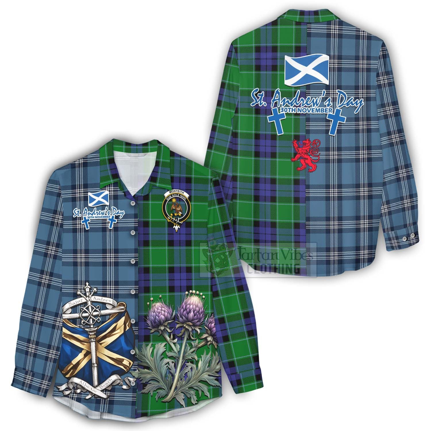 Monteith Tartan Women's Casual Shirt Happy St. Andrew's Day Half Tartan Style - Tartan Vibes Clothing