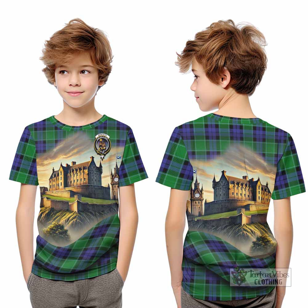 Monteith Tartan Family Crest Kid T-Shirt with Scottish Ancient Castle Style - Tartan Vibes Clothing