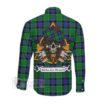 Monteith Tartan Long Sleeve Button Shirt with Family Crest and Bearded Skull Holding Bottles of Whiskey Men's Shirt - Tartan Vibes Clothing