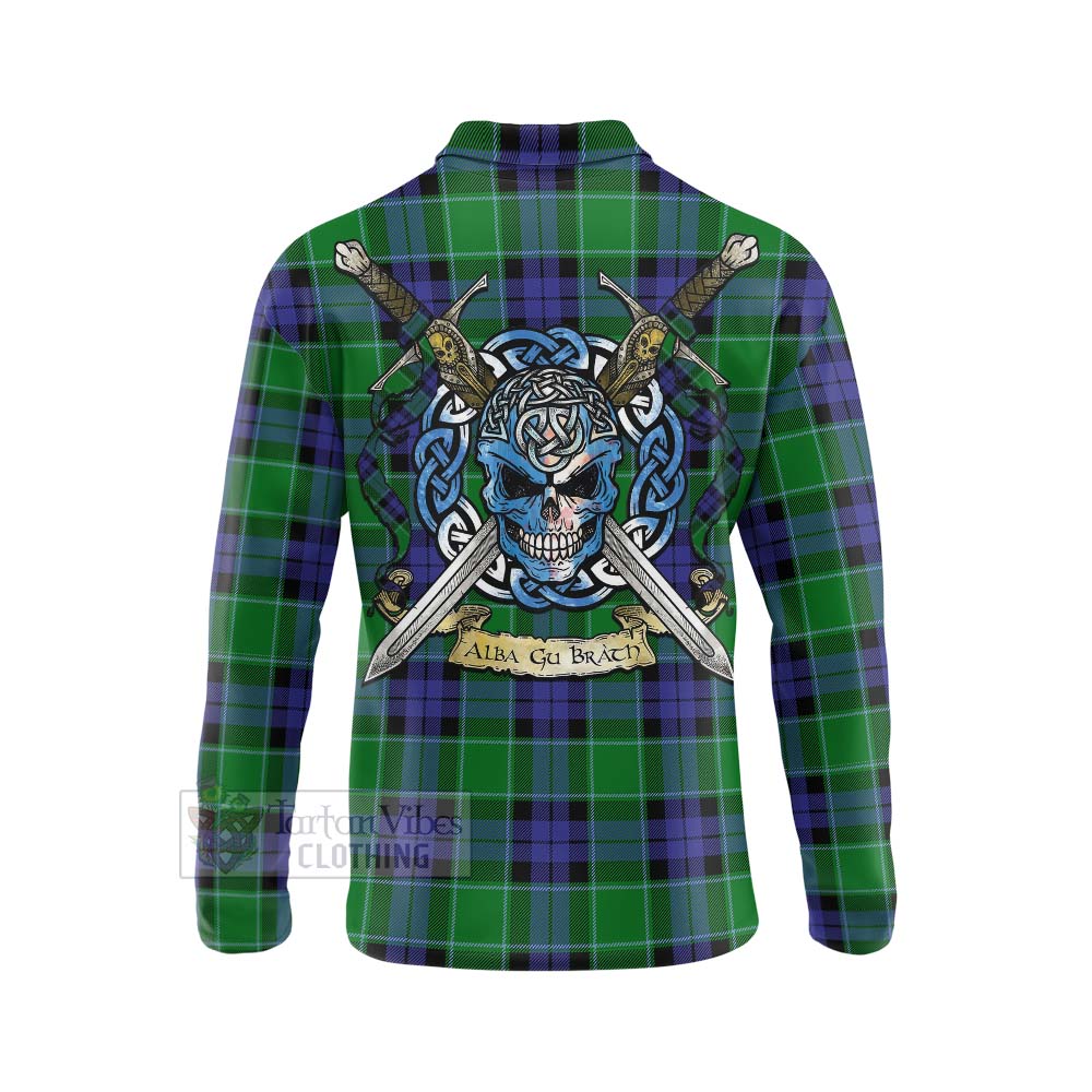 Monteith Tartan Long Sleeve Polo Shirt with Family Crest Celtic Skull Style - Tartan Vibes Clothing