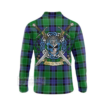 Monteith Tartan Long Sleeve Polo Shirt with Family Crest Celtic Skull Style - Tartan Vibes Clothing