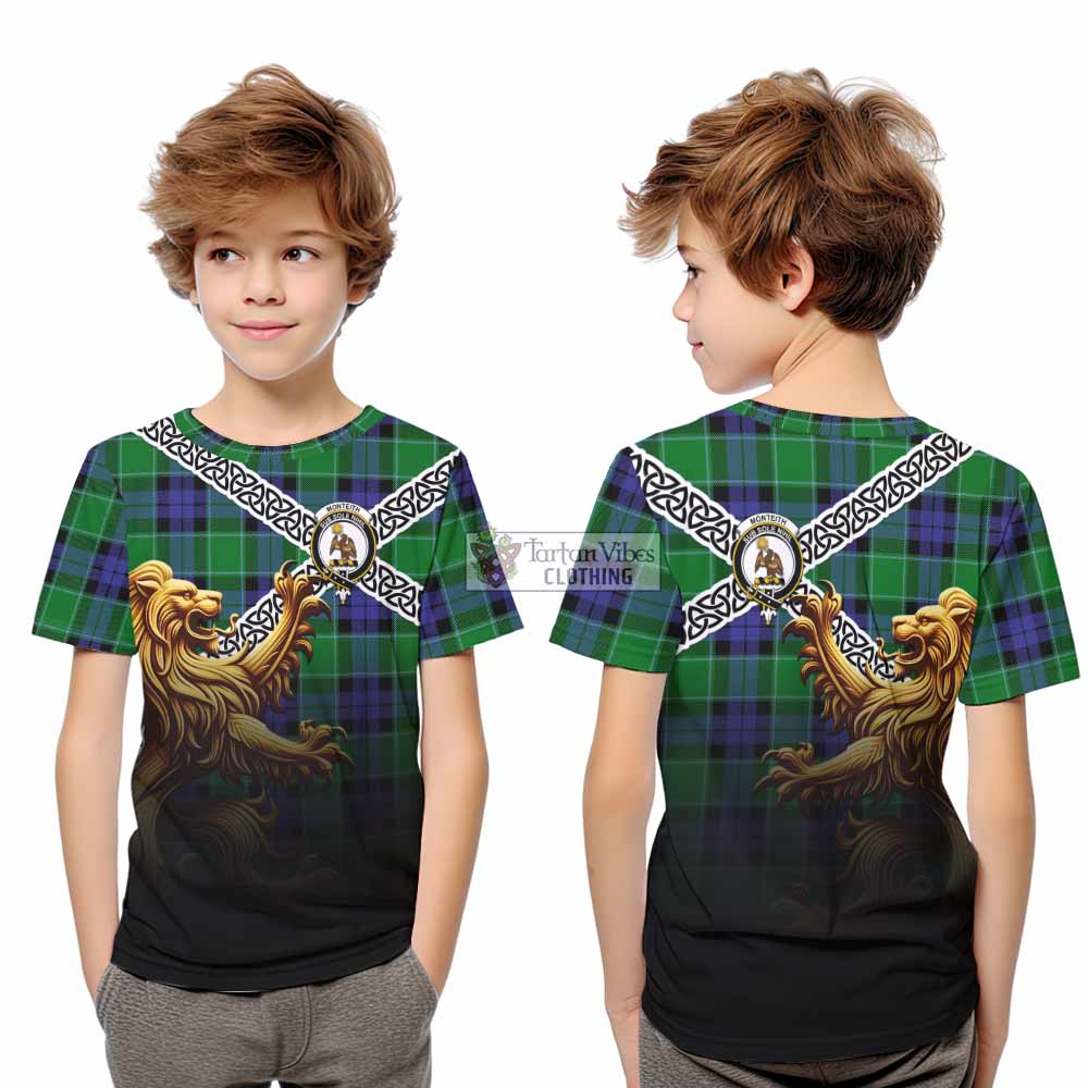 Monteith Crest Tartan Kid T-Shirt with Golden Lion Emblem Celtic Style - Tartan Vibes Clothing