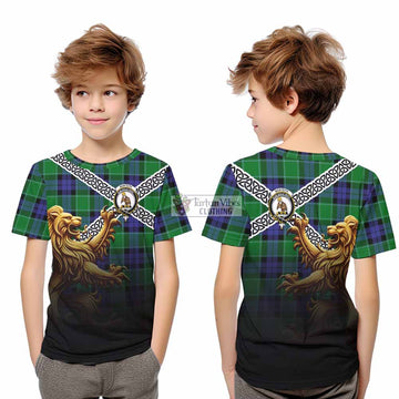Monteith Crest Tartan Kid T-Shirt with Golden Lion Emblem Celtic Style - Tartan Vibes Clothing