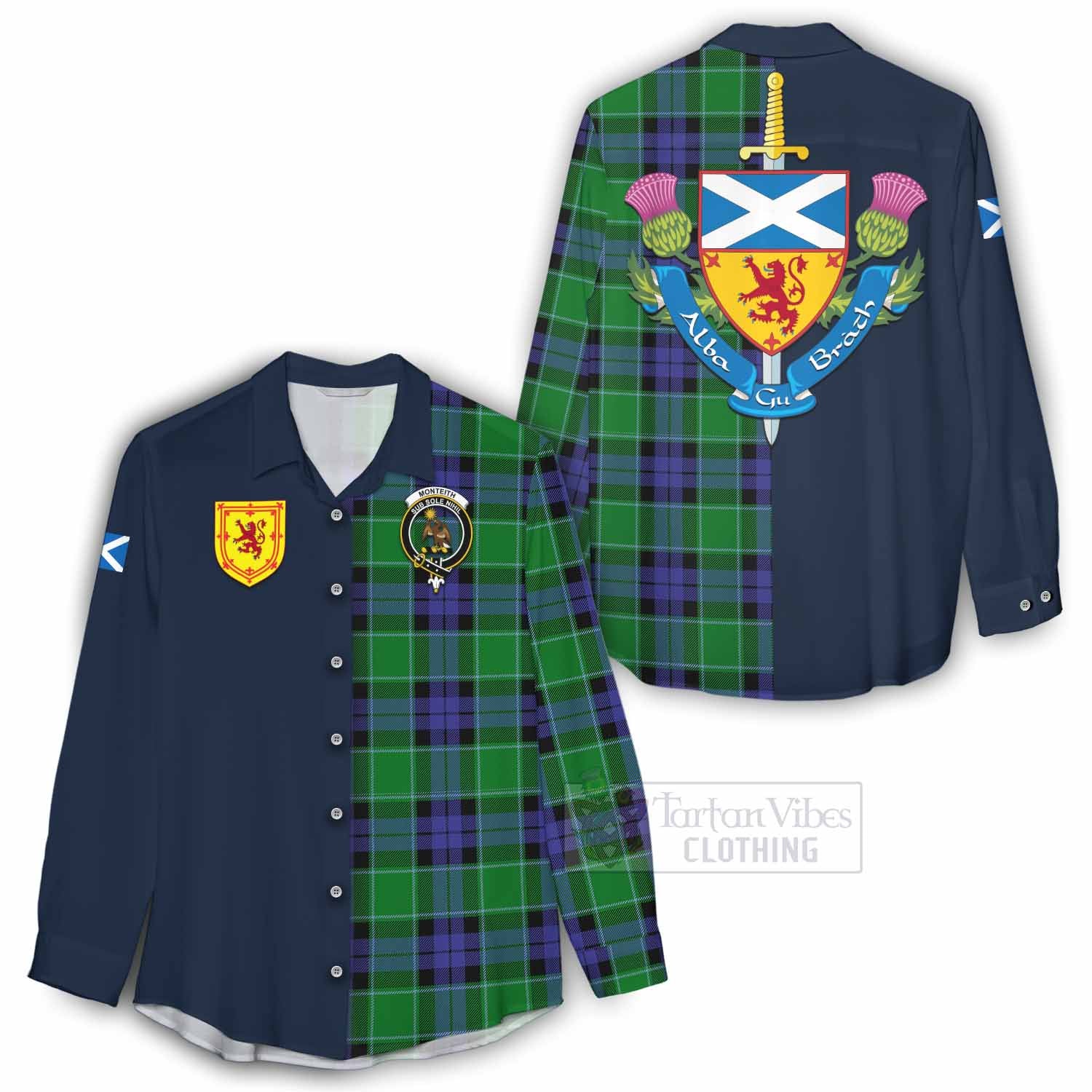 Monteith Tartan Women's Casual Shirt Alba with Scottish Lion Royal Arm Half Style - Tartan Vibes Clothing