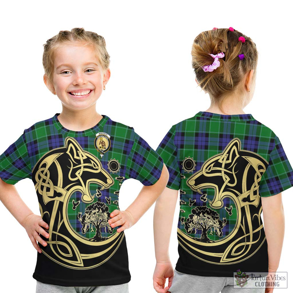 Monteith Tartan Kid T-Shirt with Family Crest Celtic Wolf Style - Tartan Vibes Clothing