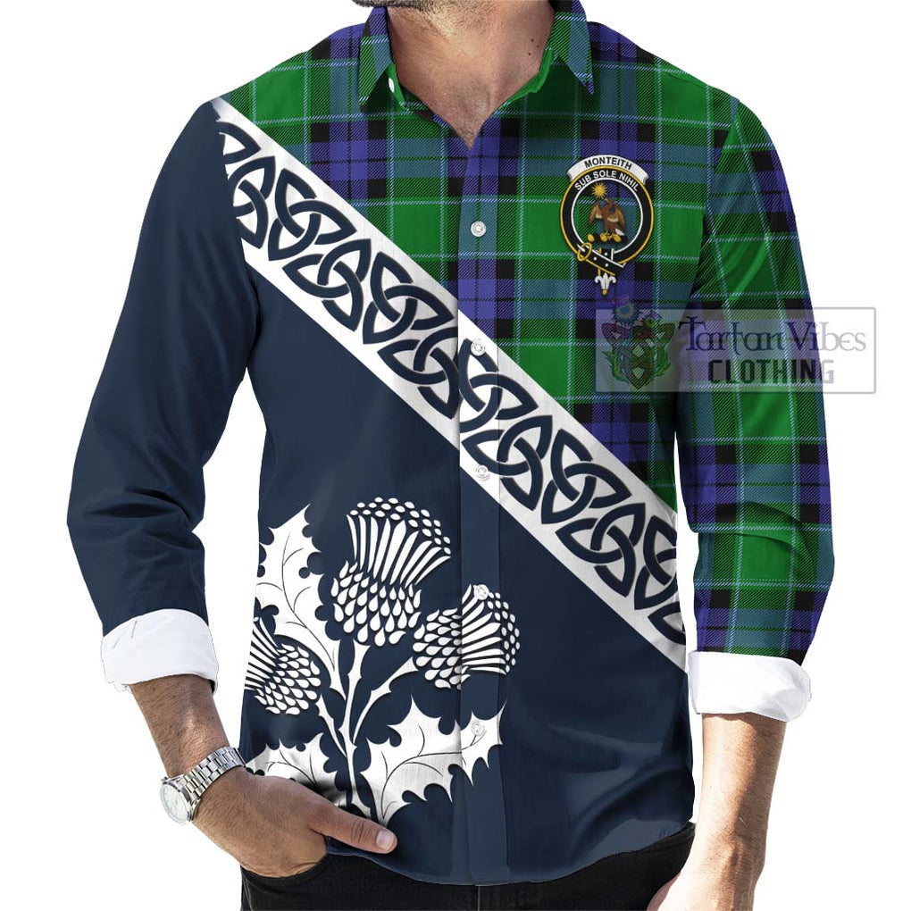 Monteith Tartan Long Sleeve Button Shirt Featuring Thistle and Scotland Map Men's Shirt - Tartan Vibes Clothing