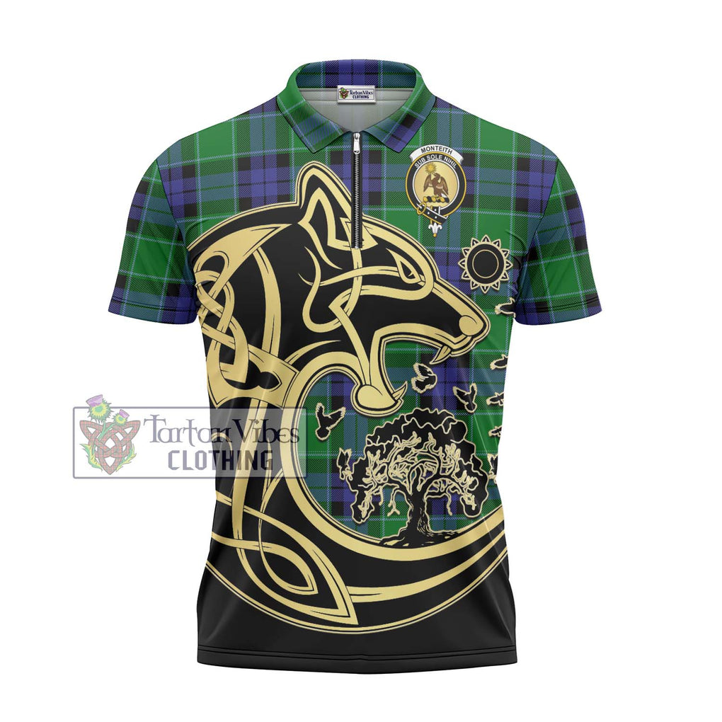 Monteith Tartan Zipper Polo Shirt with Family Crest Celtic Wolf Style - Tartan Vibes Clothing