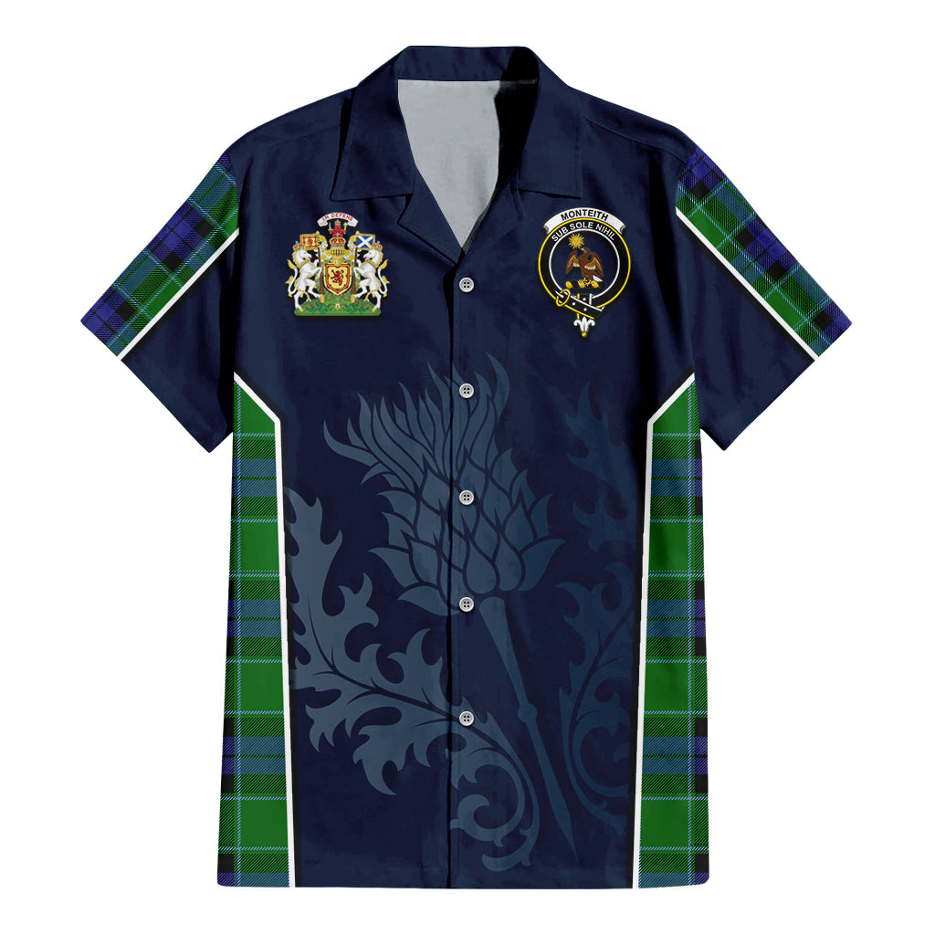 Monteith Tartan Hawaiian Shirt with Family Crest and Scottish Thistle Vibes Sport Style - Tartan Vibes Clothing
