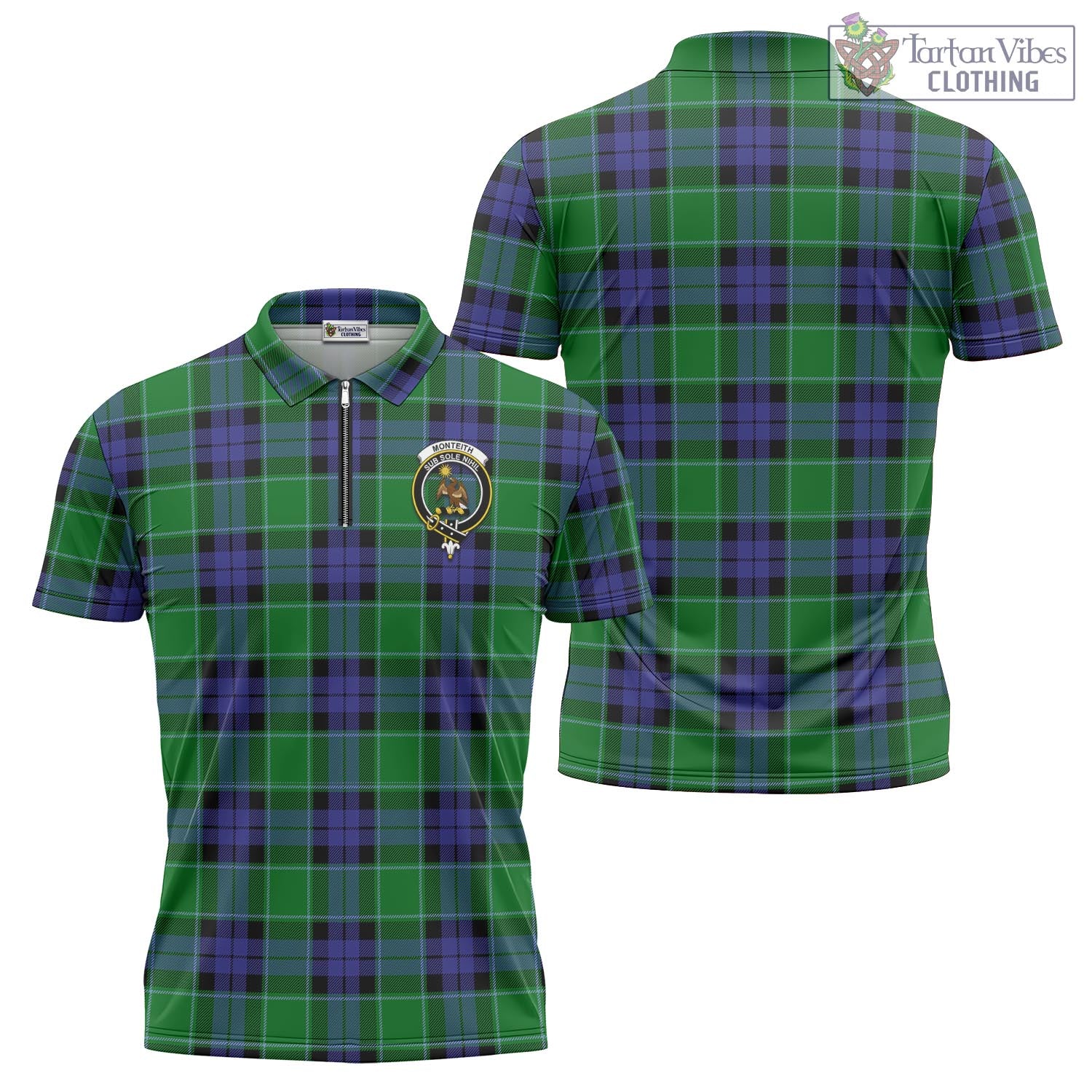 Monteith Tartan Zipper Polo Shirt with Family Crest - Tartan Vibes Clothing
