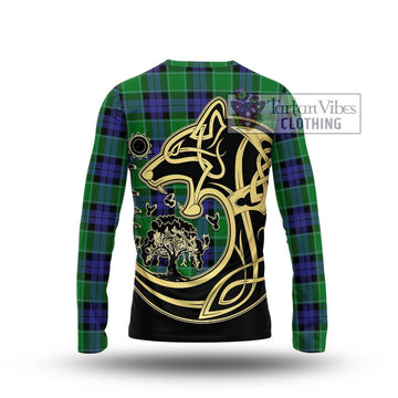 Monteith Tartan Long Sleeve T-Shirt with Family Crest Celtic Wolf Style - Tartan Vibes Clothing