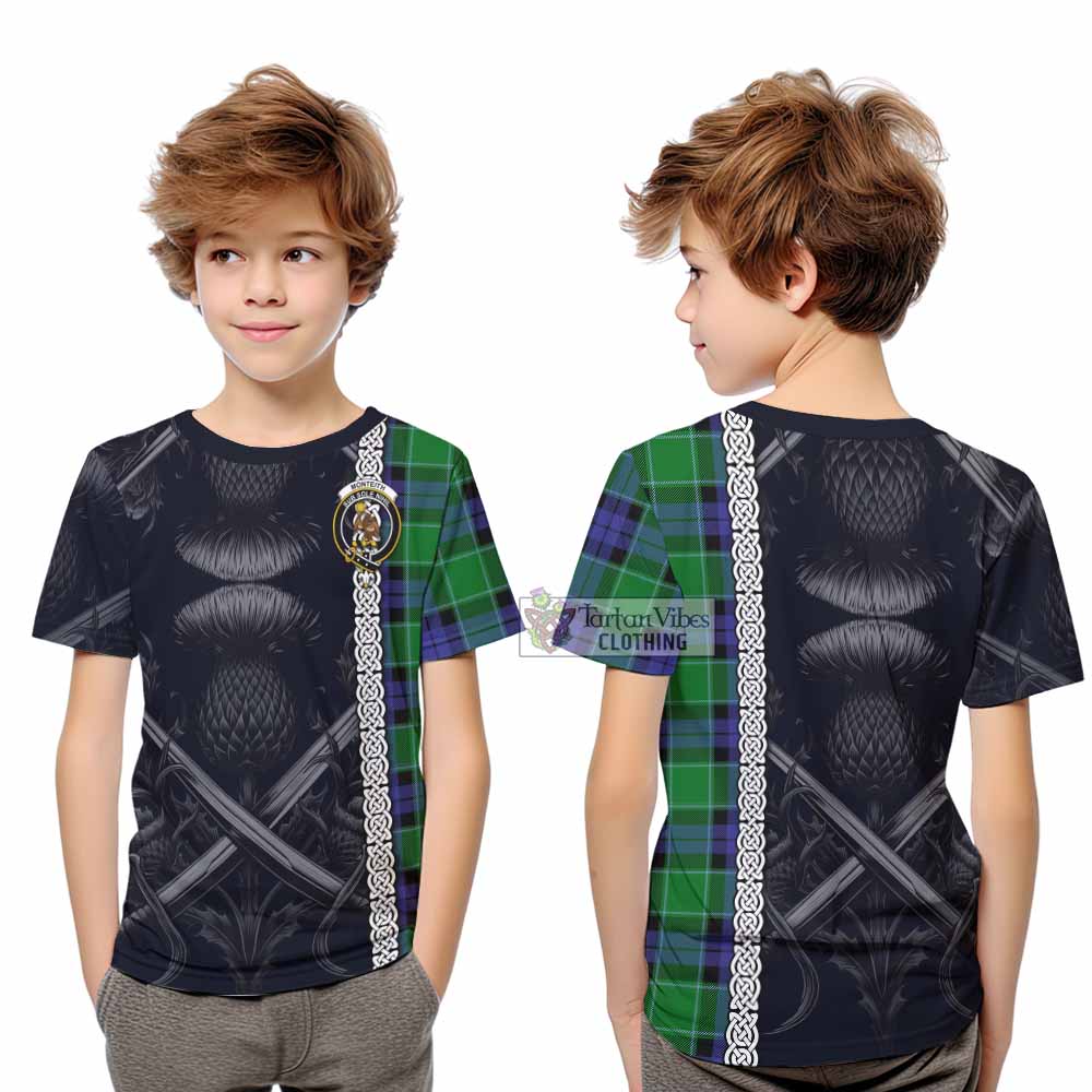 Monteith Tartan Kid T-Shirt with Family Crest Cross Sword Thistle Celtic Vibes - Tartan Vibes Clothing