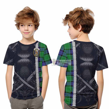 Monteith Tartan Kid T-Shirt with Family Crest Cross Sword Thistle Celtic Vibes - Tartan Vibes Clothing