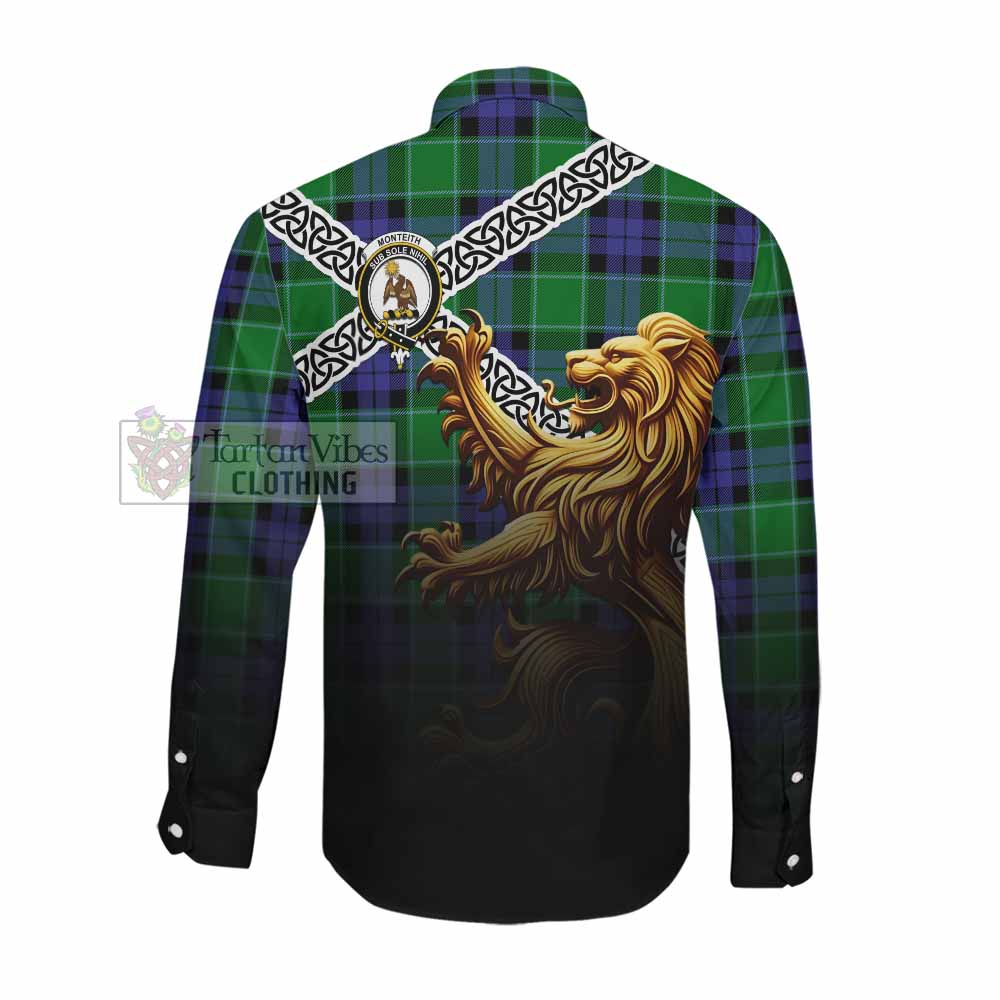 Monteith Crest Tartan Long Sleeve Button Shirt with Golden Lion Emblem Celtic Style Men's Shirt - Tartan Vibes Clothing