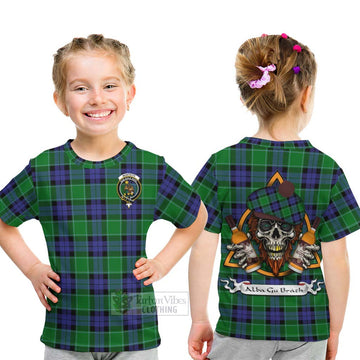 Monteith Tartan Kid T-Shirt with Family Crest and Bearded Skull Holding Bottles of Whiskey - Tartan Vibes Clothing