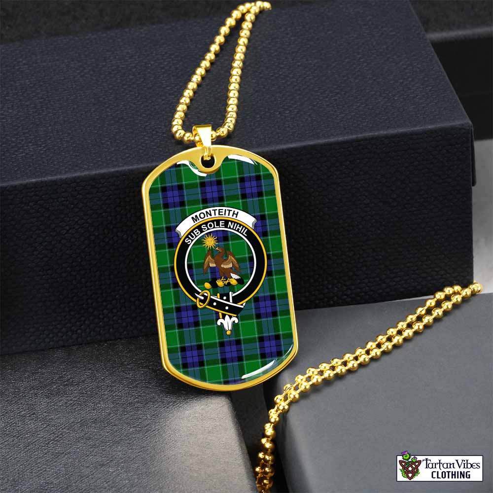 Monteith Tartan Dog Tag Necklace with Family Crest Gold No - Tartan Vibes Clothing