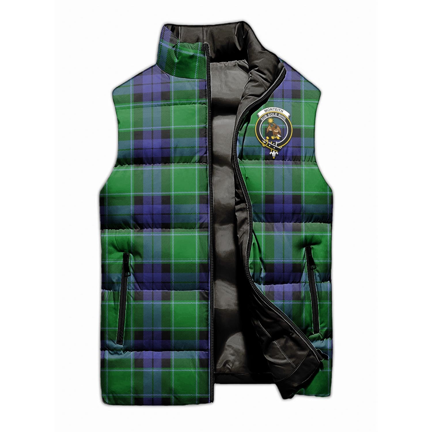 Monteith Tartan Sleeveless Puffer Jacket with Family Crest - Tartan Vibes Clothing