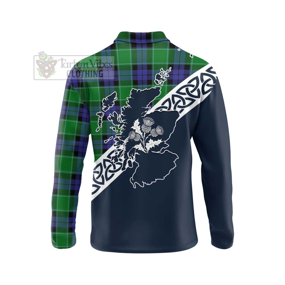 Monteith Tartan Long Sleeve Polo Shirt Featuring Thistle and Scotland Map - Tartan Vibes Clothing