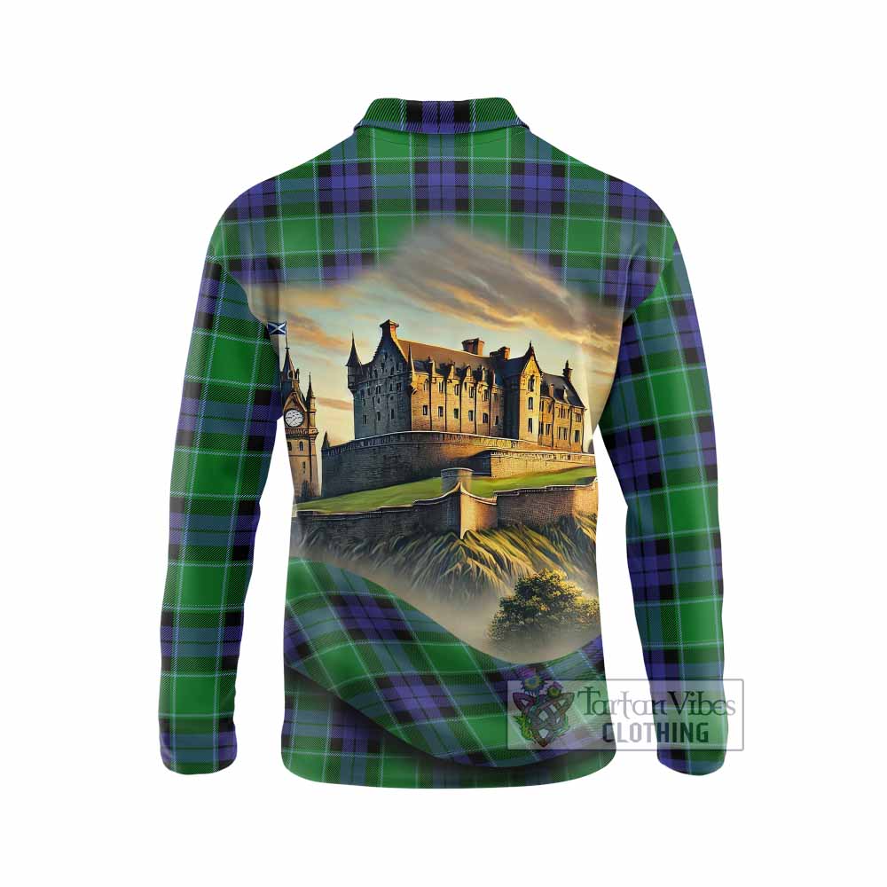 Monteith Tartan Family Crest Long Sleeve Polo Shirt with Scottish Ancient Castle Style - Tartan Vibes Clothing