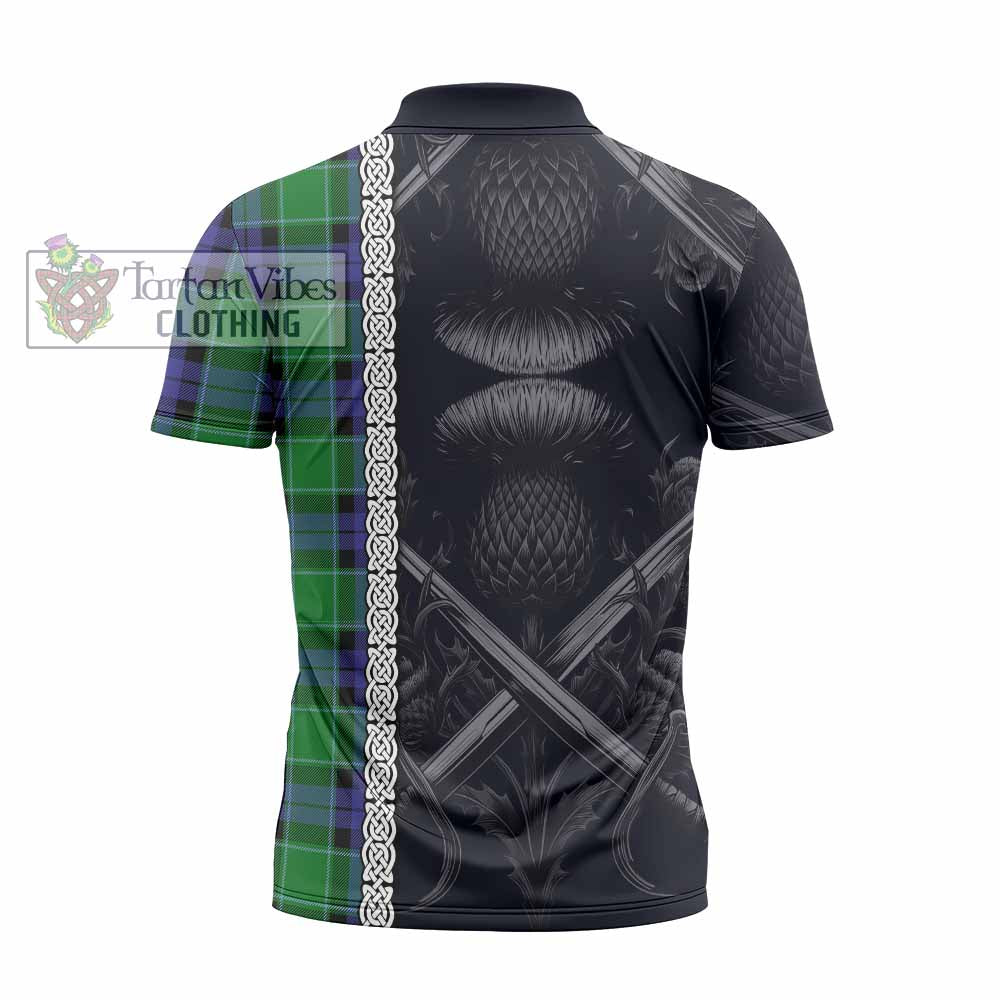 Monteith Tartan Zipper Polo Shirt with Family Crest Cross Sword Thistle Celtic Vibes - Tartan Vibes Clothing