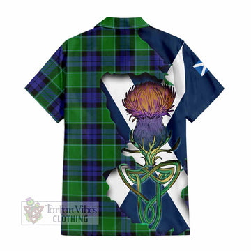 Tartan Vibes Clothing Monteith Tartan Family Crest Short Sleeve Button Shirt Scottish Thistle Celtic Inspired