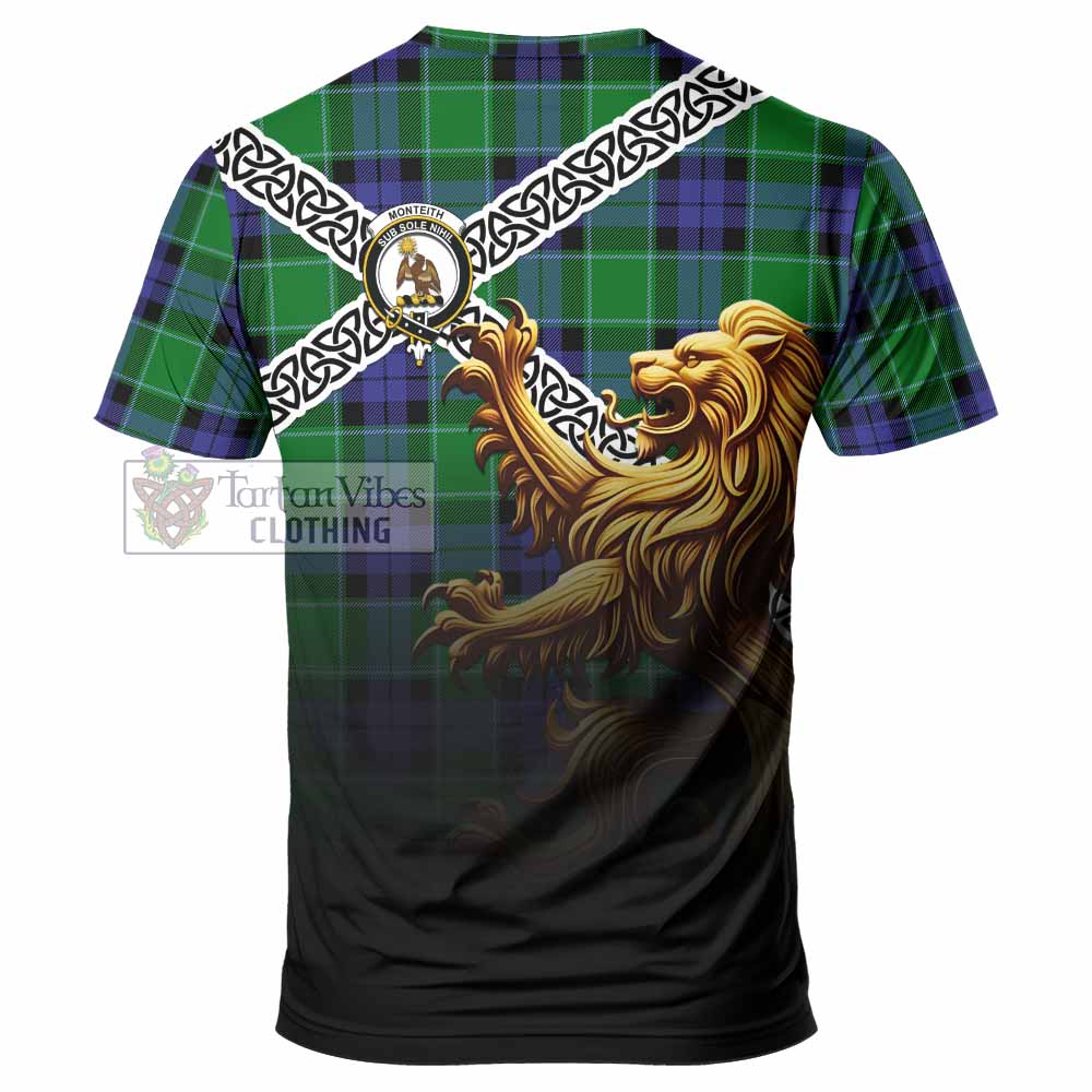 Monteith Crest Tartan T-Shirt with Golden Lion Emblem Celtic Style - Tartan Vibes Clothing