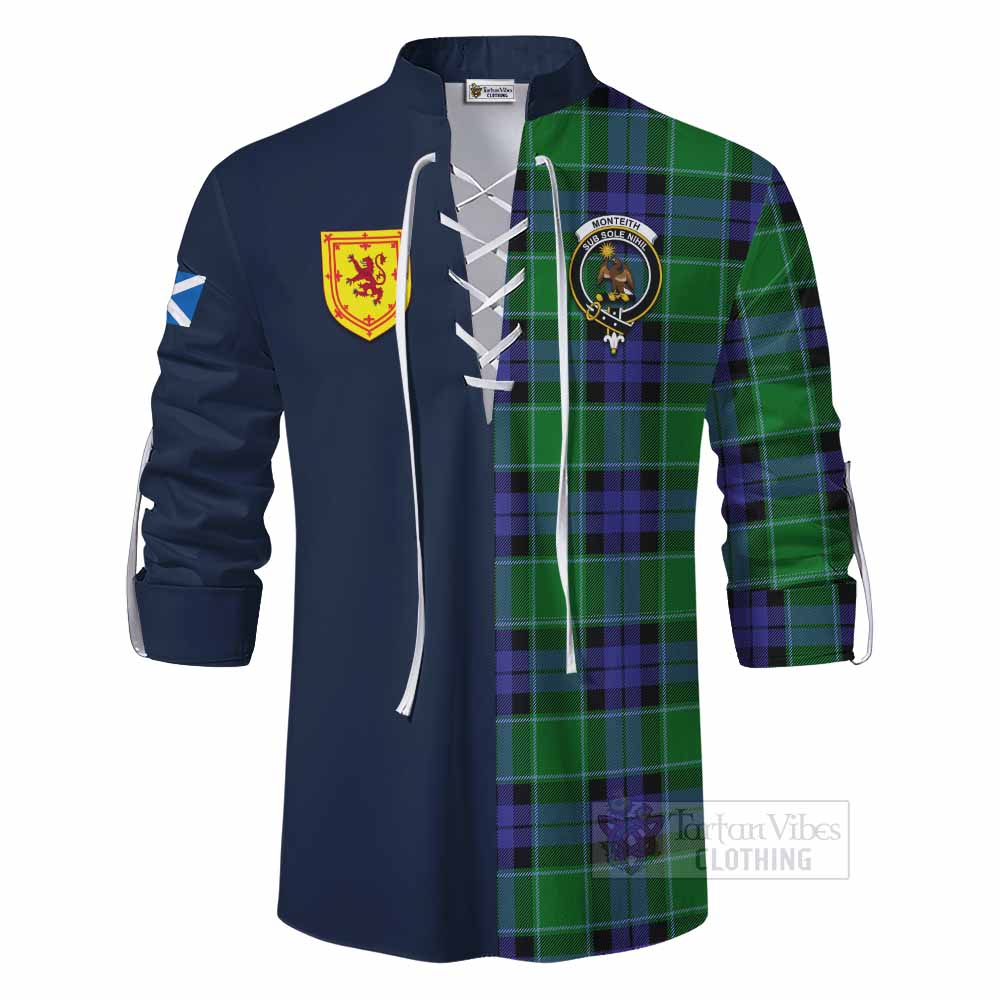 Monteith Tartan Ghillie Kilt Shirt Alba with Scottish Lion Royal Arm Half Style - Tartan Vibes Clothing