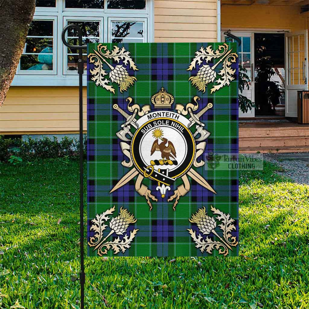 Monteith Tartan Garden Flag with Family Crest and Golden Thistle Crossed Sword Design Garden Flag - Tartan Vibes Clothing