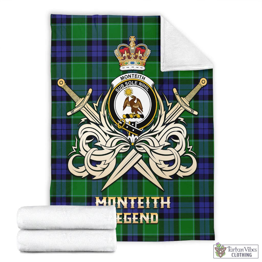 Monteith Tartan Blanket with Clan Crest and the Golden Sword of Courageous Legacy - Tartan Vibes Clothing