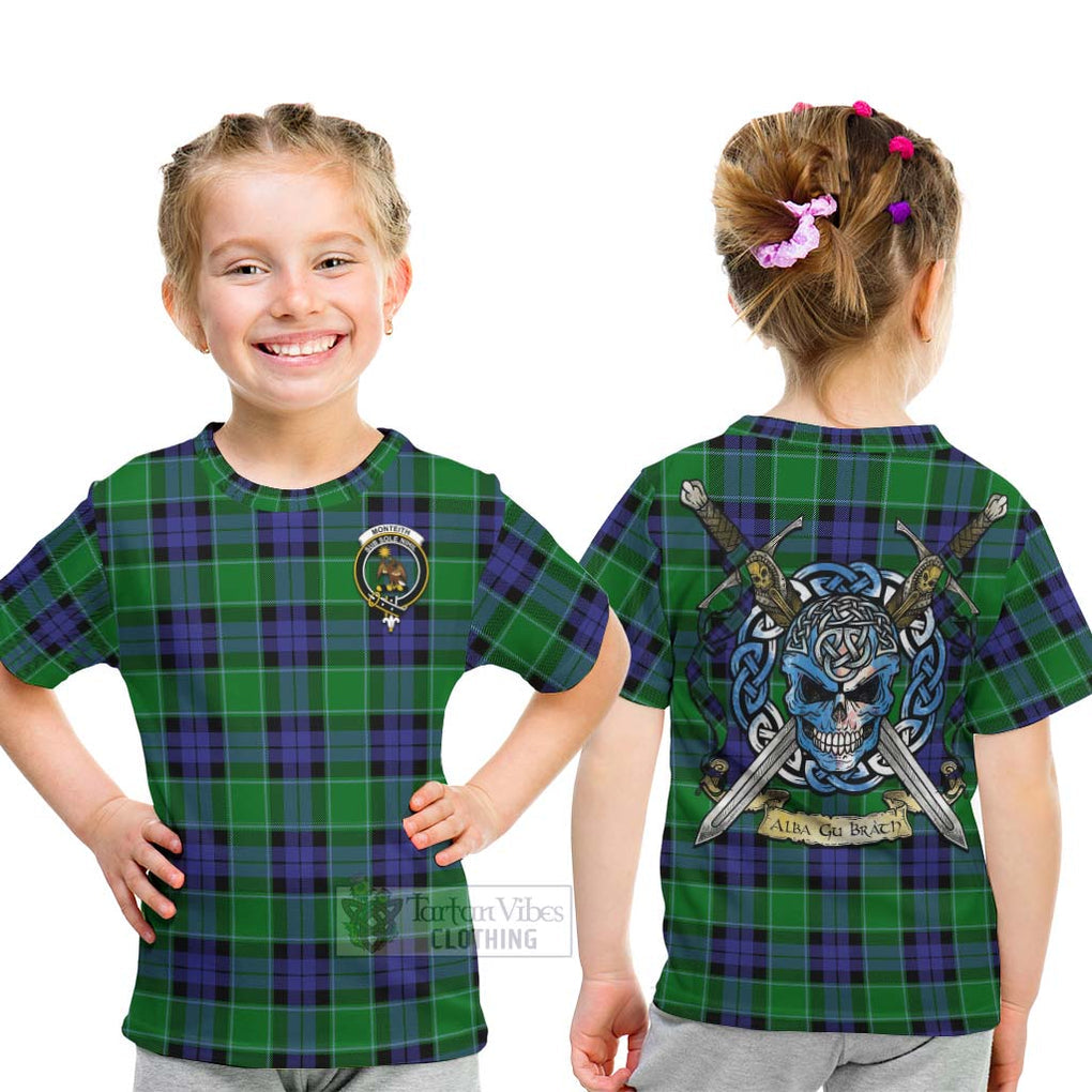 Monteith Tartan Kid T-Shirt with Family Crest Celtic Skull Style - Tartan Vibes Clothing