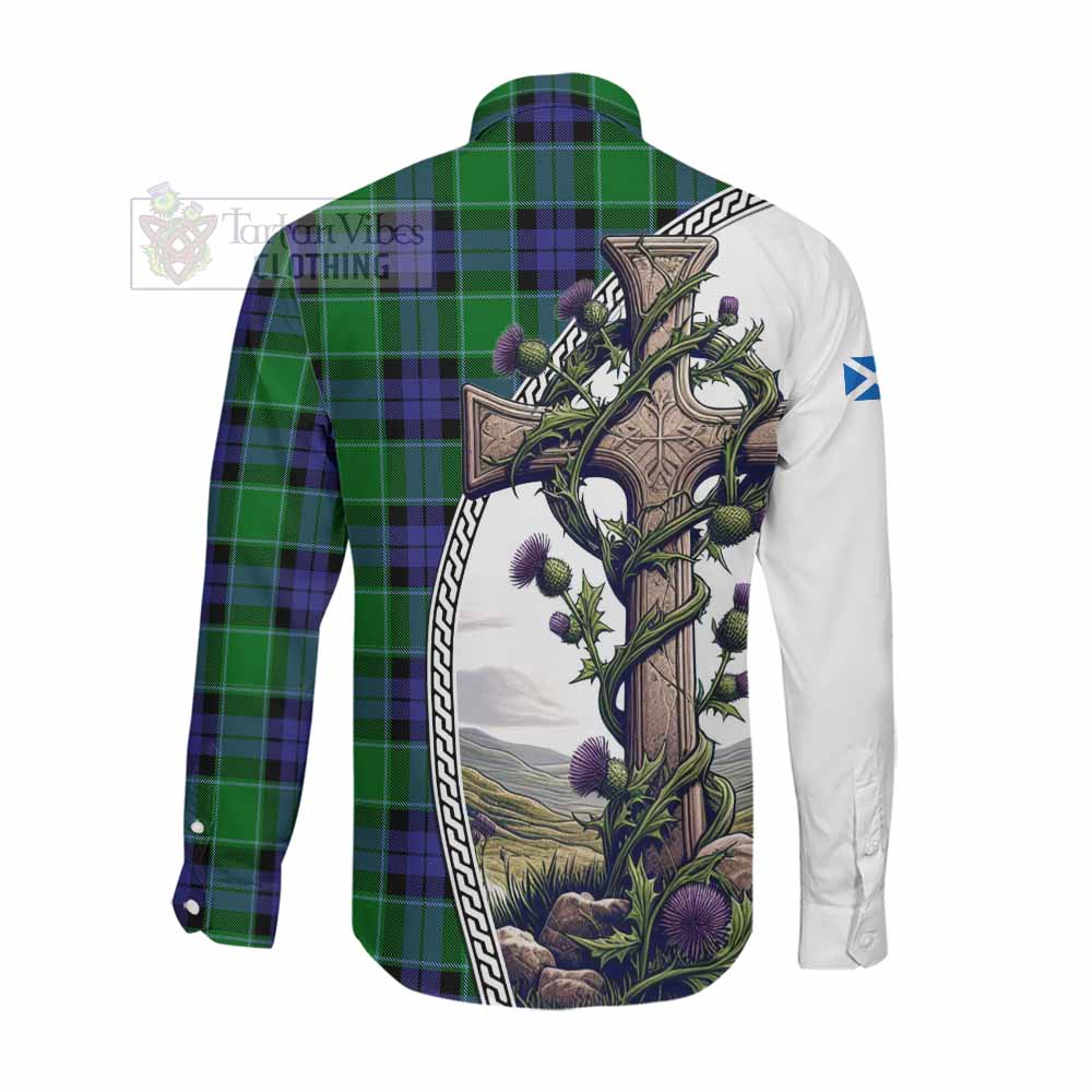 Monteith Tartan Long Sleeve Button Shirt with Family Crest and St. Andrew's Cross Accented by Thistle Vines Men's Shirt - Tartan Vibes Clothing
