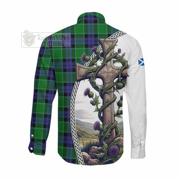 Monteith Tartan Long Sleeve Button Shirt with Family Crest and St. Andrew's Cross Accented by Thistle Vines Men's Shirt - Tartan Vibes Clothing