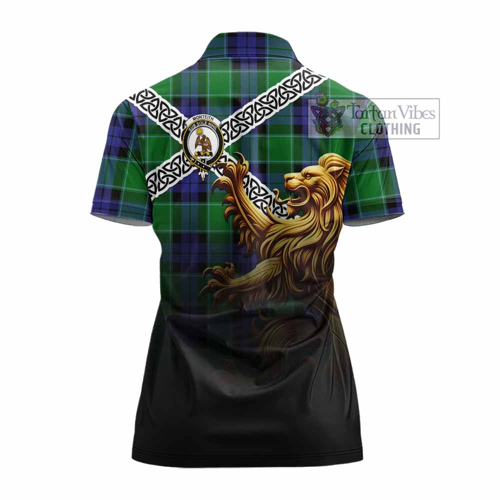 Monteith Crest Tartan Women's Polo Shirt with Golden Lion Emblem Celtic Style - Tartan Vibes Clothing