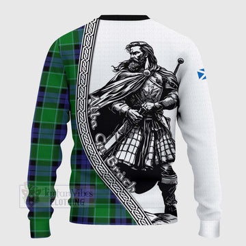 Monteith Tartan Clan Crest Knitted Sweater with Highlander Warrior Celtic Style - Tartan Vibes Clothing