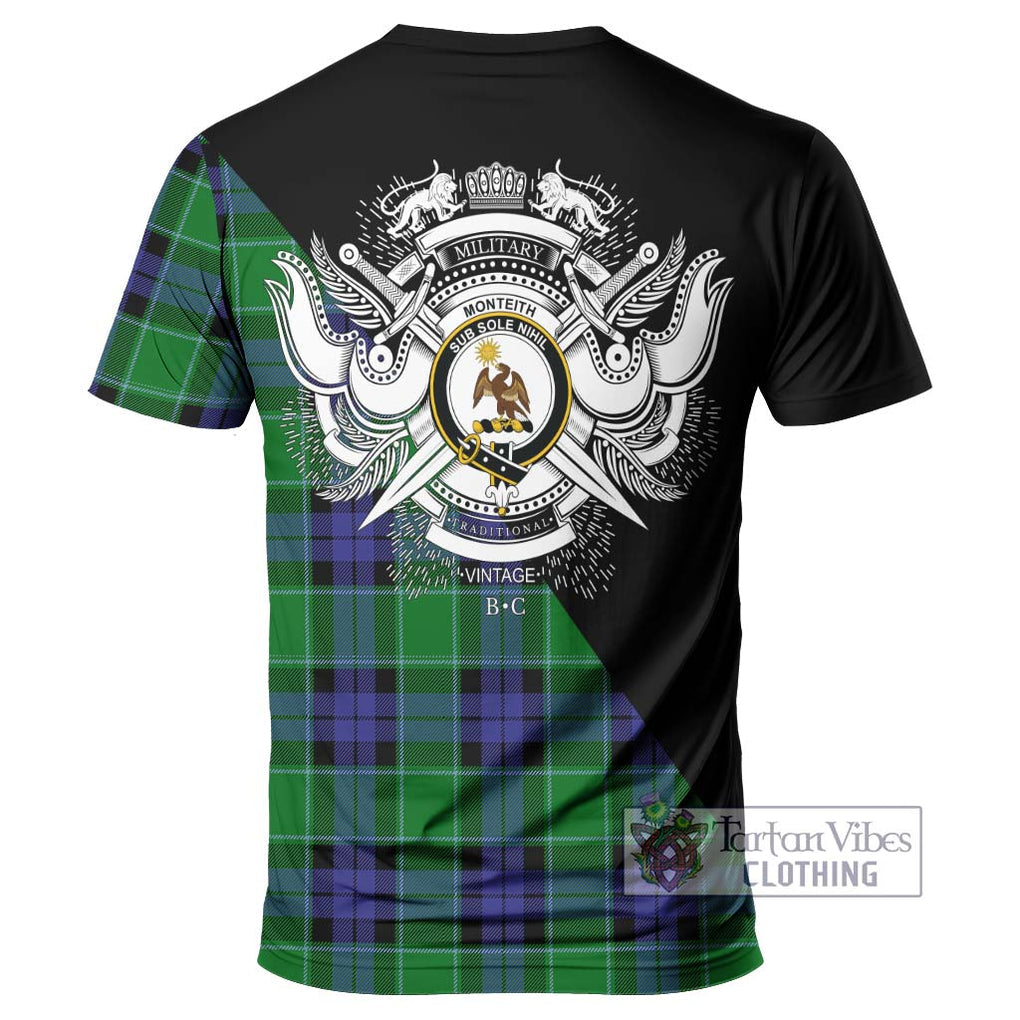 Monteith Tartan T-Shirt with Family Crest and Military Logo Style - Tartan Vibes Clothing