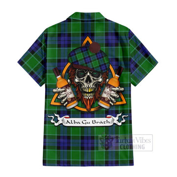 Monteith Tartan Hawaiian Shirt with Family Crest and Bearded Skull Holding Bottles of Whiskey - Tartan Vibes Clothing