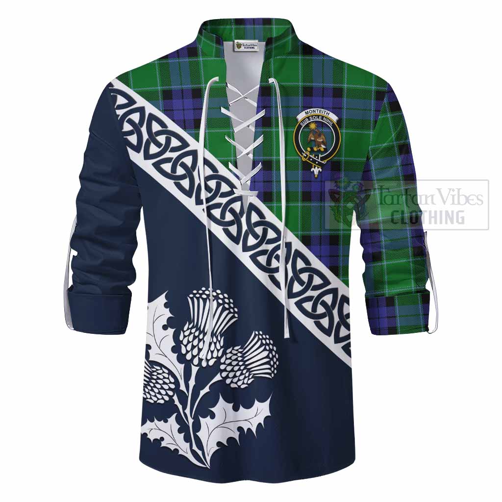 Monteith Tartan Ghillie Kilt Shirt Featuring Thistle and Scotland Map - Tartan Vibes Clothing