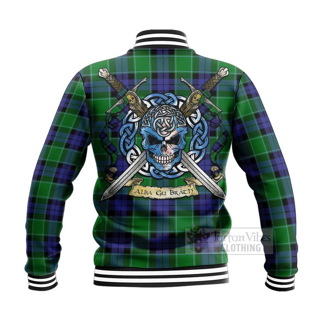 Monteith Tartan Baseball Jacket with Family Crest Celtic Skull Style - Tartan Vibes Clothing