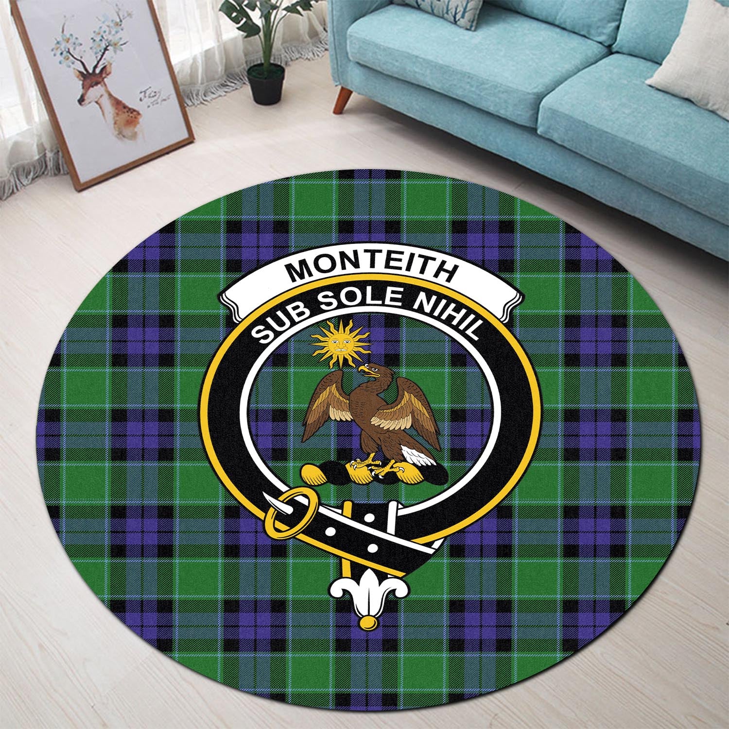 Monteith Tartan Round Rug with Family Crest - Tartan Vibes Clothing
