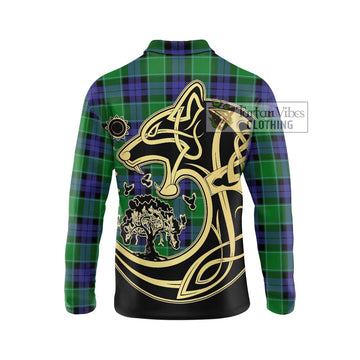 Monteith Tartan Long Sleeve Polo Shirt with Family Crest Celtic Wolf Style - Tartan Vibes Clothing