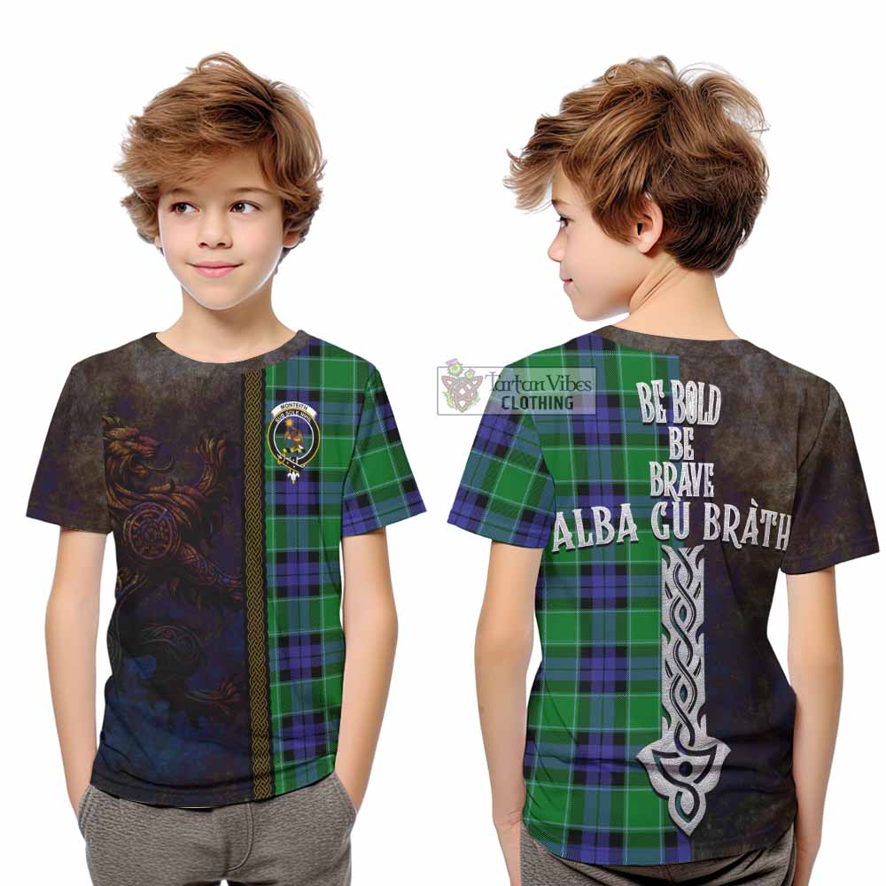 Tartan Vibes Clothing Monteith Tartan Family Crest Kid T-Shirt Alba Gu Brath Be Brave Lion Ancient Style