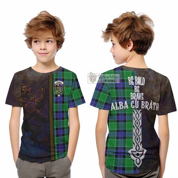 Monteith Tartan Family Crest Kid T-Shirt Alba Gu Brath Be Brave Lion Ancient Style