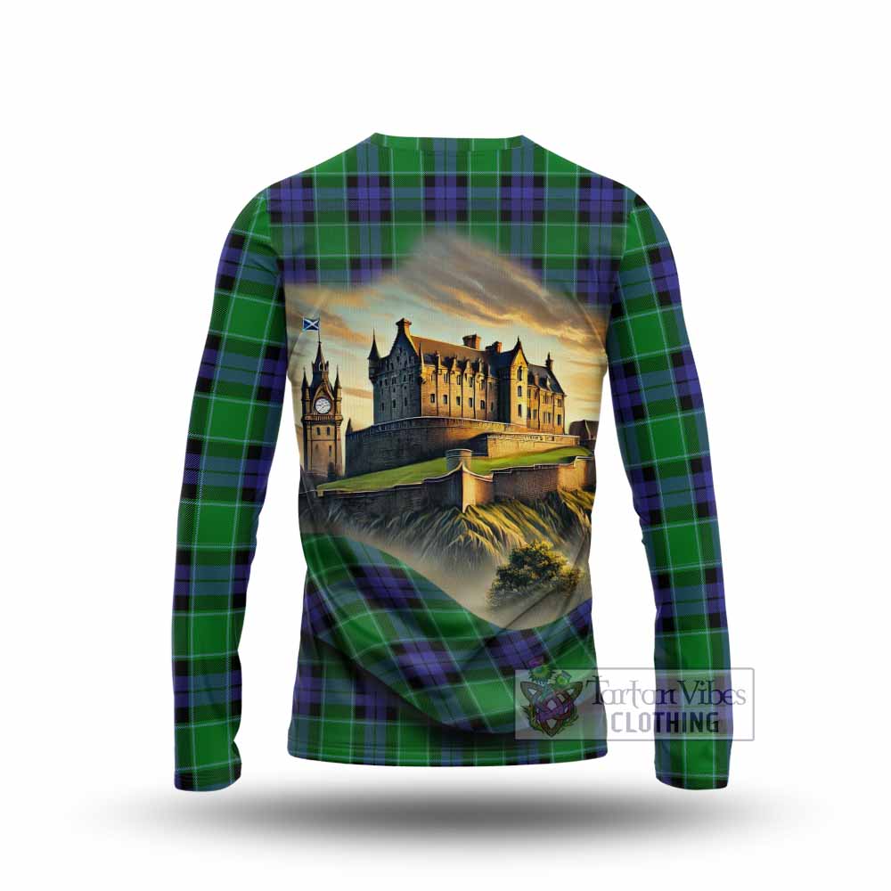 Monteith Tartan Family Crest Long Sleeve T-Shirt with Scottish Ancient Castle Style - Tartan Vibes Clothing