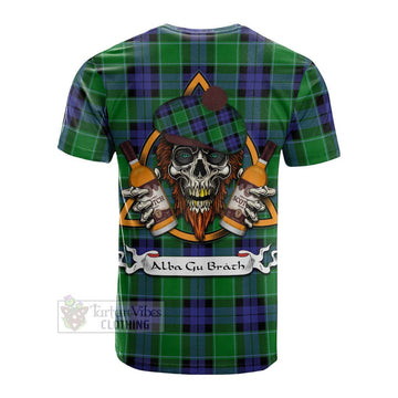 Monteith Tartan Cotton T-shirt with Family Crest and Bearded Skull Holding Bottles of Whiskey - Tartan Vibes Clothing