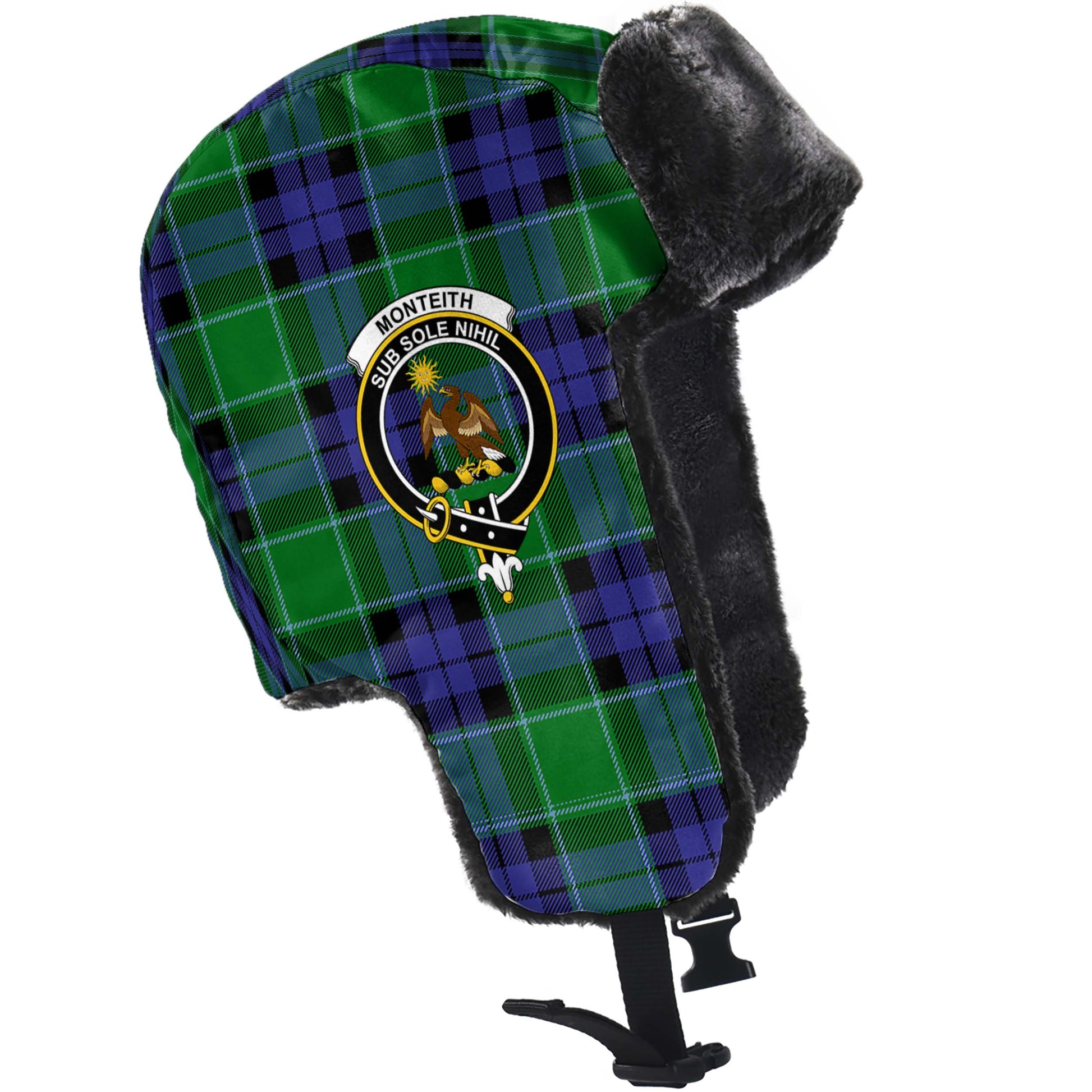 Monteith Tartan Winter Trapper Hat with Family Crest - Tartan Vibes Clothing