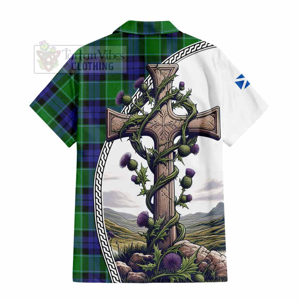 Monteith Tartan Hawaiian Shirt with Family Crest and St. Andrew's Cross Accented by Thistle Vines - Tartan Vibes Clothing